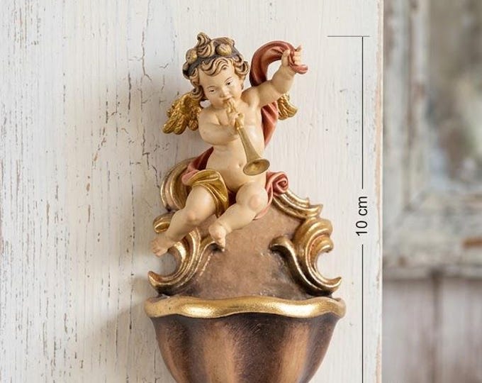 Holy water stoup with angel, carved in Valgardena wood, hand-decorated with oil colors and gold leaf, made in Italy