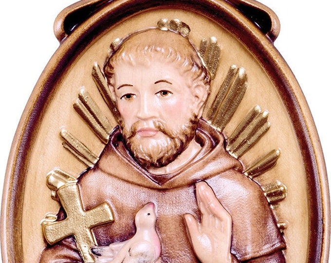 Medal of St. Francis of Assisi carved in wood from Valgardena and decorated by hand of Italian artisan production
