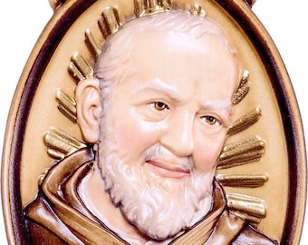Medal of Saint Padre Pio of Pietrelcina carved in Valgardena wood and hand-decorated, artisanal Italian production.