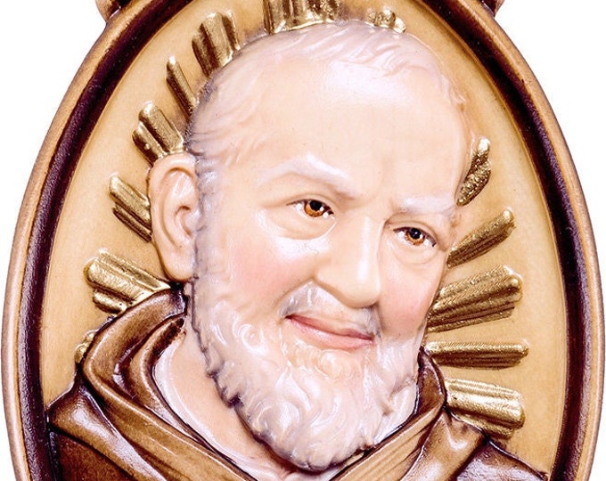 Medal of St. Padre Pio of Pietrelcina carved in wood from Valgardena and decorated by hand of Italian artisan production