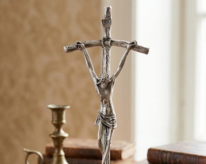 Brushed metal pastoral crucifix, free-standing, 30 cm (11.81 inches), handcrafted in Italy