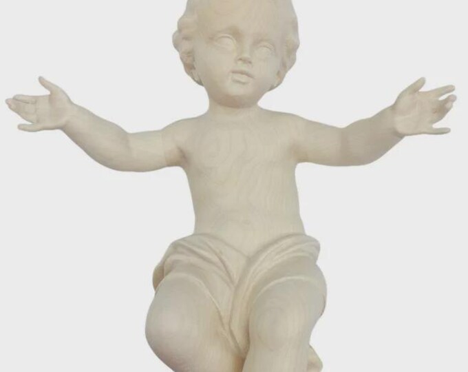 Baby Jesus sculpture statue, carved from natural Valgardena wood, handcrafted in Italy.