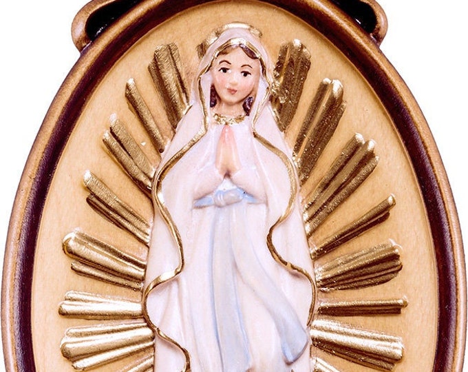 Medal of Our Lady of Lourdes carved in wood from Valgardena and decorated by hand of Italian artisan production