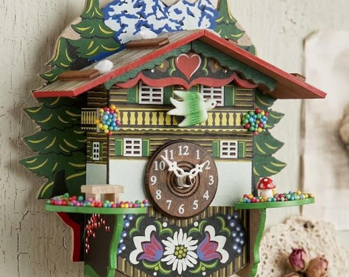 Carved wooden cuckoo clock "Cuculino Heidi", Alpine chalet 16 cm (6.30 inch) handcrafted in Italy