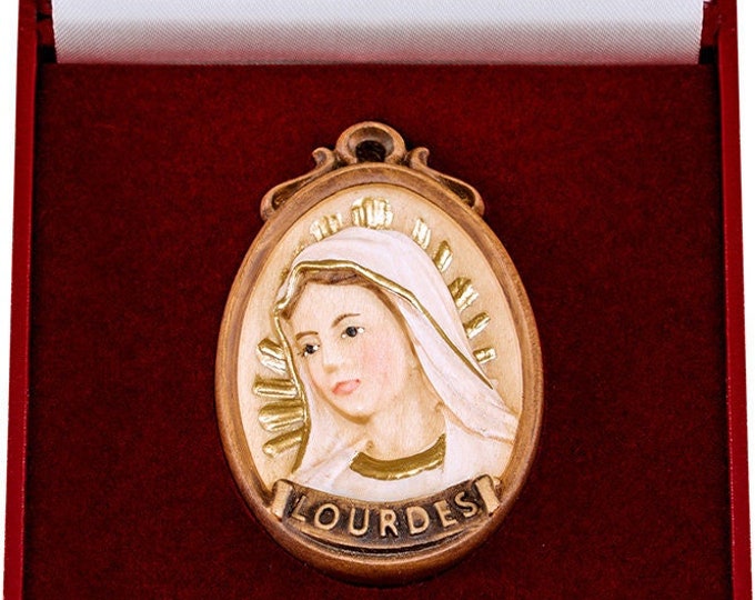 Medal of Our Lady of Lourdes with deluxe case carved in Valgardena wood decorated by hand of Italian artisan production