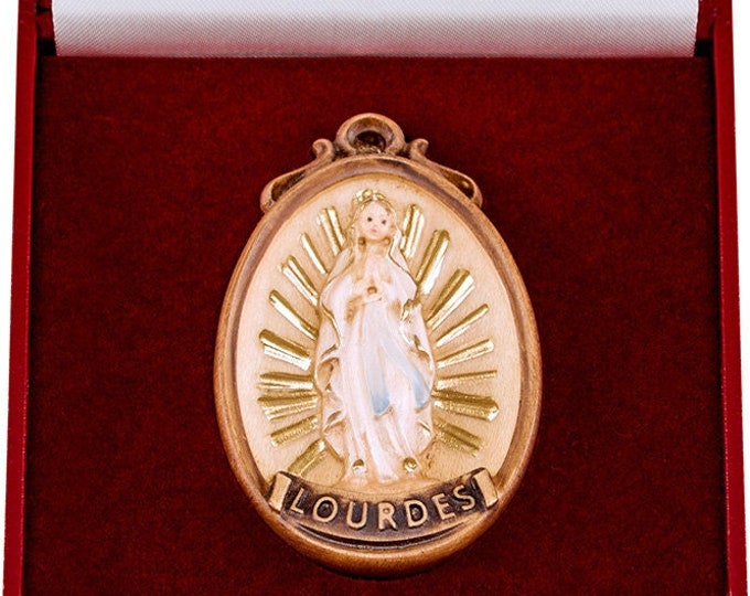 Medal of Our Lady of Lourdes with deluxe case carved in Valgardena wood decorated by hand of Italian artisan production