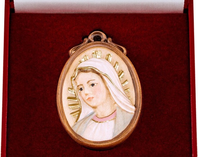 Medal of the Miraculous Madonna with deluxe case carved in Valgardena wood decorated by hand of Italian artisan production