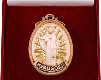 Medal of Our Lady of Medjugorje and deluxe case carved in valgardena wood decorated by hand of Italian artisan production