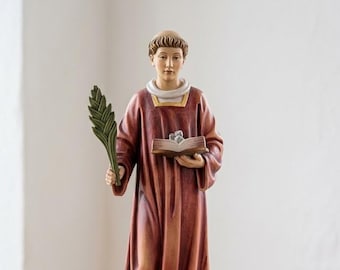 Statue of Saint Stephen carved from Valgardena wood and hand-decorated, Italian artisan production.