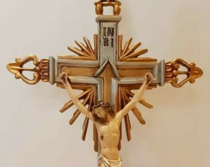 Cross crucifix with base, cm 69 x 31.5 (27.16 x 12.40 inches) in hand-decorated marble powder of artisan production