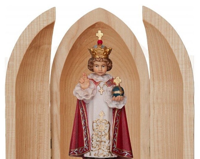 Statue of Baby Jesus of Prague in niche, carved in Valgardena wood, hand decorated, Italian production
