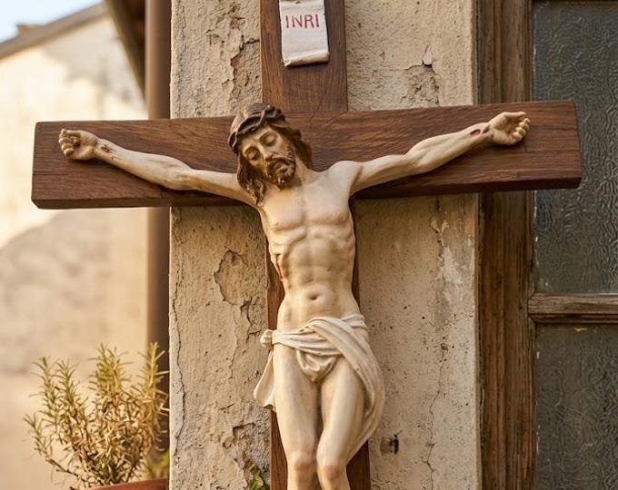 Crucifix cm 25 x 38 (9.84 x 14.96 inches) in marble resin hand decorated, Italian artisan production