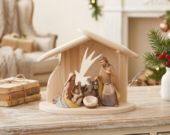 Nativity scene, Holy Family, Nativity, with stable, carved in Valgardena wood and decorated by hand, Italian production, various sizes
