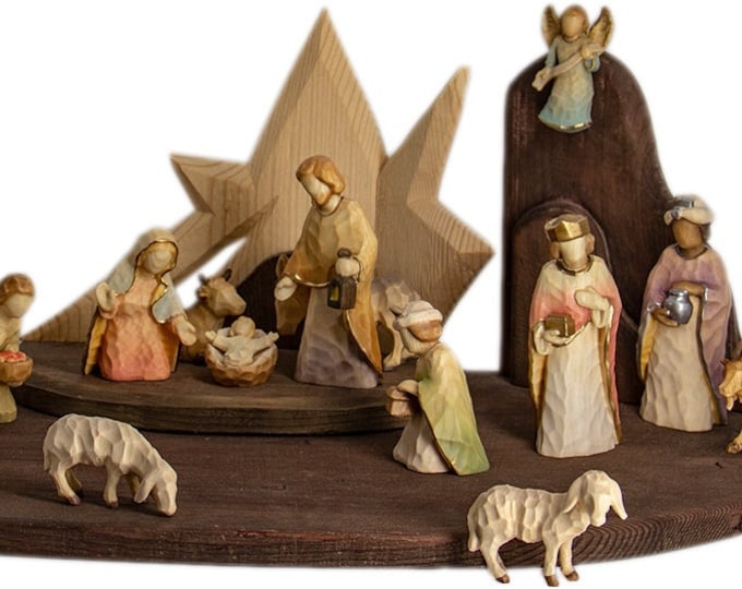 Complete nativity scene 20 pieces carved in Valgardena wood, decorated by hand, with hut, various sizes, Italian artisan production