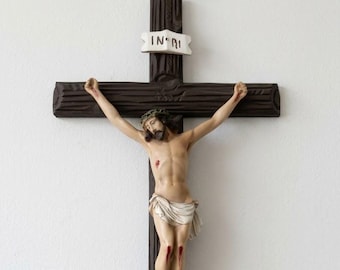 Hanging cross crucifix, 54 x 27 cm (21.25 x 10.62 inches) in solid resin marble, hand-decorated, artisanal production