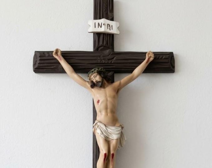 Hanging cross crucifix, 54 x 27 cm (21.25 x 10.62 inches) in solid resin marble, hand-decorated, artisanal production