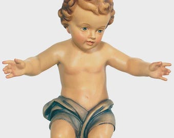 Baby Jesus sculpture statue, carved from Valgardena wood and hand-decorated, Italian artisan production.