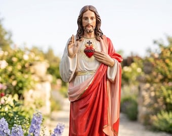 Statue of Jesus Sacred Heart Blessing cm 100 (39.4 inches), painted or glass eyes, in hand-decorated resin, made in Italy