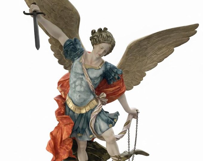 Statue of Saint Michael the Archangel, 103 cm (40.55 inches), made of alabaster powder and wooden base, hand-decorated, made in Italy
