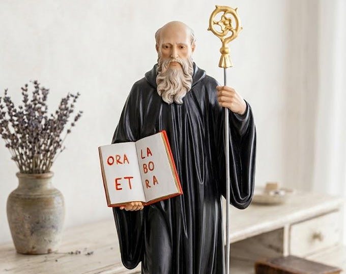 Statue of Saint Benedict of Norcia 60 cm (23.62 inches) in hand-decorated resin with painted or glass eyes, Italian artisan production