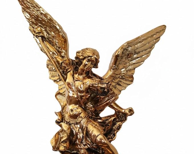 Statue of Saint Michael the Archangel 30 cm (11.81 inches) in marble powder with copper-colored sheet, handcrafted in Italy