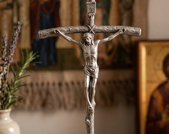 Brushed metal pastoral crucifix, free-standing, various sizes available, handcrafted in Italy