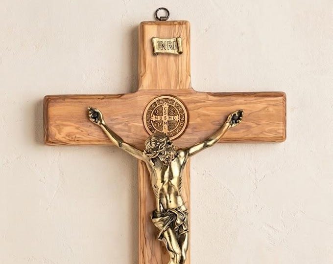 Crucifix with holy water font, in olive wood and bronze body, various sizes available, handcrafted in Italy