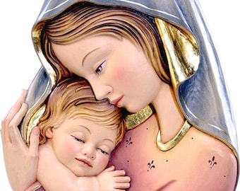 Madonna and Child sculpture to hang carved in Valgardena wood hand decorated artisanal production