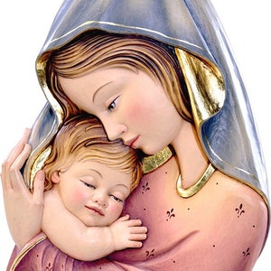 Madonna and Child sculpture to hang carved in Valgardena wood hand decorated artisanal production