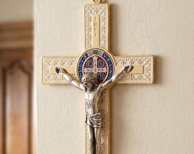 Crucifix of Saint Benedict of Norcia, in colored metal, 18.5 cm (7.28 inches) various colors available, made in Italy