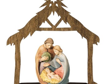 Nativity scene group carved in Valgardena wood, hand-decorated, Holy Family to be placed on a stand, Italian artisan production