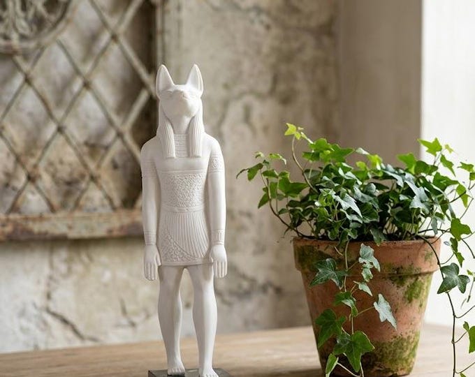 Classical Egyptian Art sculpture "Anubis", 33 cm (13 inches) in alabaster powder, marble base, handcrafted, made in Italy