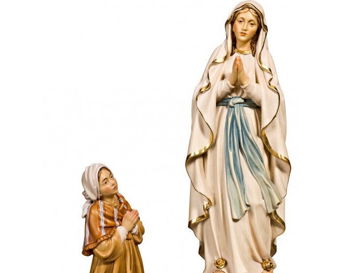 Lourdes apparition group statue, carved in Valgardena wood and decorated by hand, of Italian production
