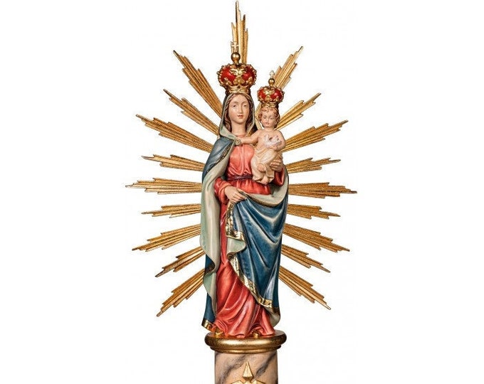 Statue of the Madonna del Pilar, carved in Valgardena wood, hand-decorated, of Italian artisan production