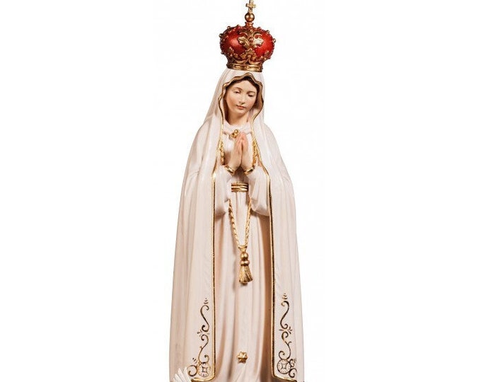 Statue of Our Lady of Fatima with crown and doves carved in Valgardena wood and hand-decorated Italian artisan production
