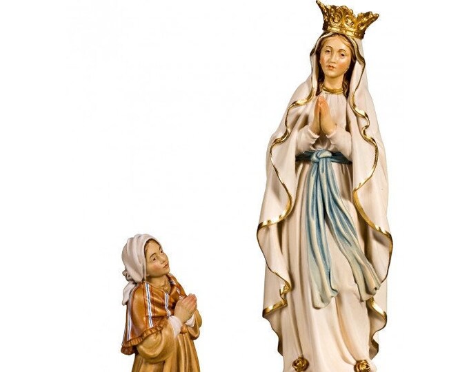 Lourdes apparition group statue, carved in Valgardena wood and decorated by hand, of Italian production