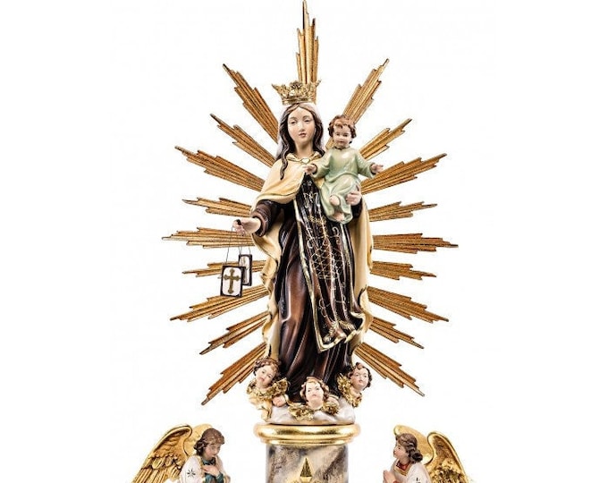 Statue of the Madonna del Carmine, with home altar carved in Valgardena wood, hand decorated, Italian artisan production