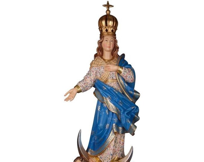 Madonna Immaculate Conception statue with angels and crown carved in wood from Val Gardena decorated by hand Italian artisan production