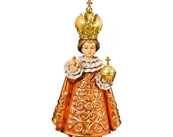 Statue sculpture of the Child Jesus of Prague carved in wood from Valgardena and decorated by hand of Italian handicraft production