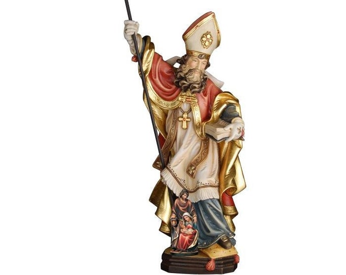 Statue of St. Marcellus I with nativity scene, carved in wood from Valgardena and hand-decorated of Italian craftsmanship