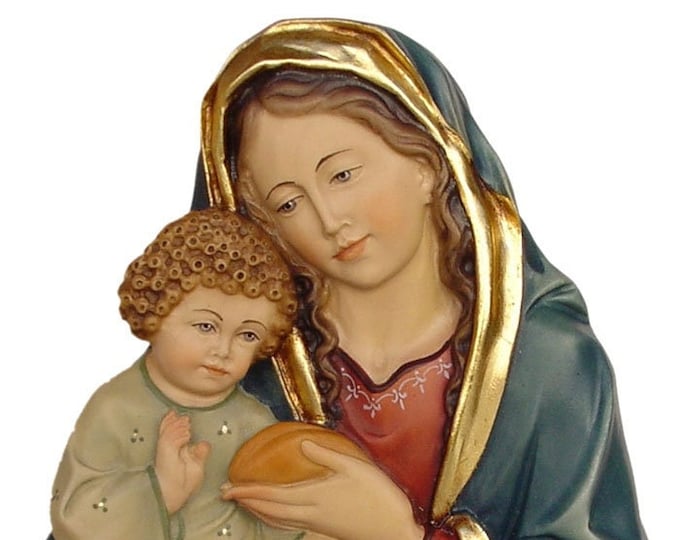 Sculpture Madonna and Child cm 20 (7,87 inch) to hang carved in wood of Valgardena decorated by hand hand hand production