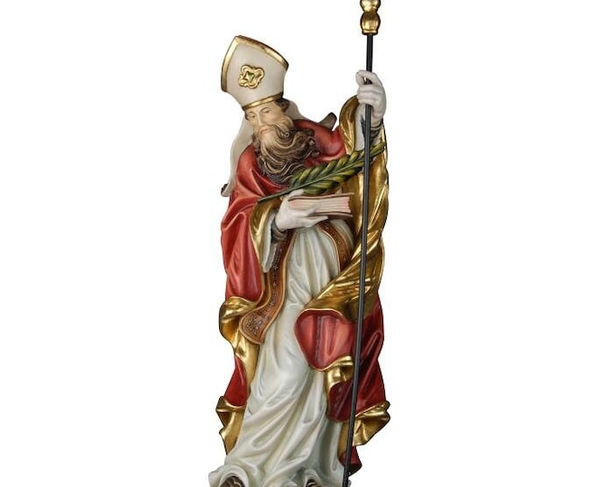 Statue of St. Faustinian with palm tree, carved in wood from Valgardena and hand-decorated of Italian craftsmanship