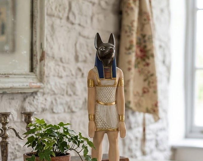 Classical Egyptian Art sculpture "Anubis", 33 cm (13 inches) in hand-decorated alabaster powder, marble base, handcrafted, made in Italy