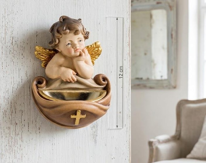 Holy water stoup with angel, carved in Valgardena wood, hand-decorated with oil colors and gold leaf, made in Italy