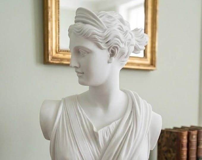 Classical sculpture "Bust of Artemis" 51 cm (20.08 inches) made of alabaster powder, marble base, Made in Italy