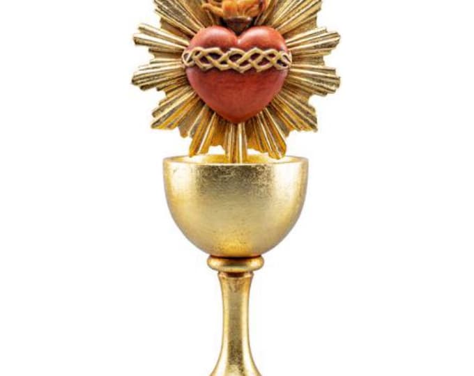 Chalice sculpture with Sacred Heart of Jesus with halo, carved in Valgardena wood, hand-decorated, Italian artisan production