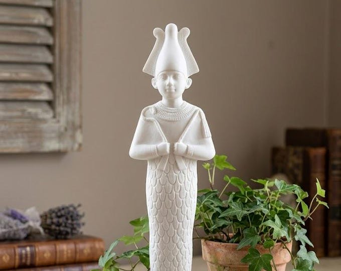 Classical Egyptian Art sculpture "Osiris", 32 cm (12.59 inch) in alabaster powder, marble base, handcrafted, made in Italy