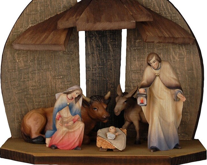 Complete Alpine nativity scene, carved in Valgardena wood, with hut, various sizes available, Italian artisan production