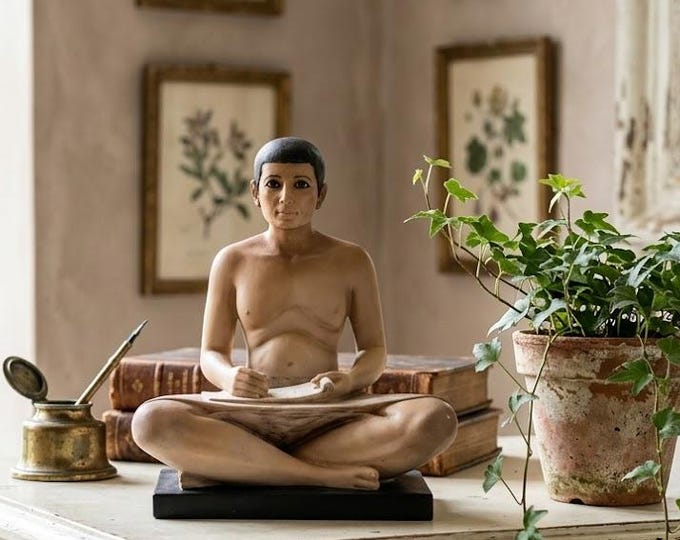 Classical Egyptian Art Sculpture "The Scribe" cm 20 x 27 (7.87 x 10.62 inc) hand-decorated alabaster dust, marble base, made in Italy