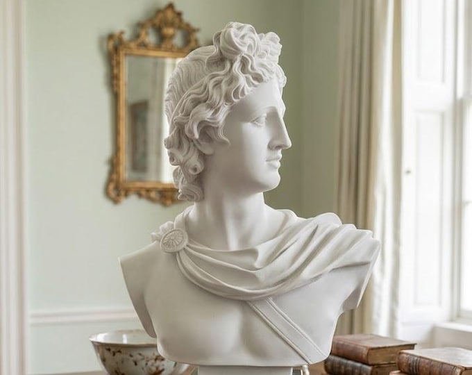 Classical sculpture "Bust of Apollo" made of alabaster powder, marble base, 53 cm (20.86 inch) Made in Italy